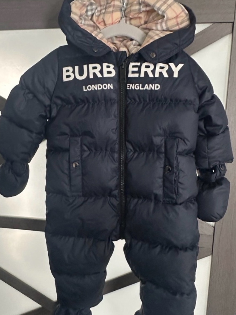 Burberry Navy Down Puffer One-Piece Snowsuit with Signature Check Hood